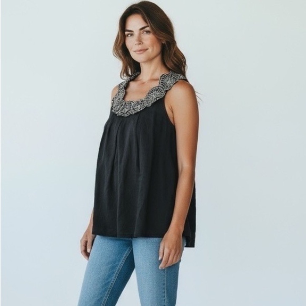 Neiman Marcus Black Blouse with Embroidered Neckline